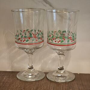 VTG Libbey Arby's Christmas Holly Berry Gold Trim 6 3/4" Tall Glasses Set 2